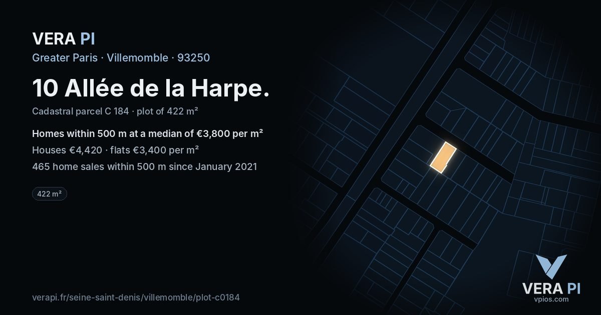 10 Allée de la Harpe, Villemomble at night – the plot lit, the parcels around coloured by the prices near them