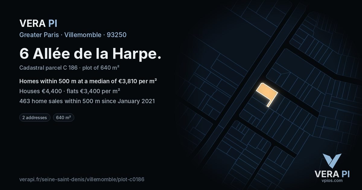 6 Allée de la Harpe, Villemomble at night – the plot lit, the parcels around coloured by the prices near them