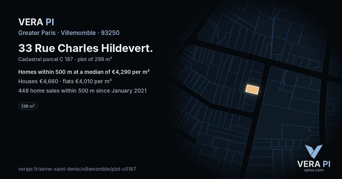 33 Rue Charles Hildevert, Villemomble at night – the plot lit, the parcels around coloured by the prices near them