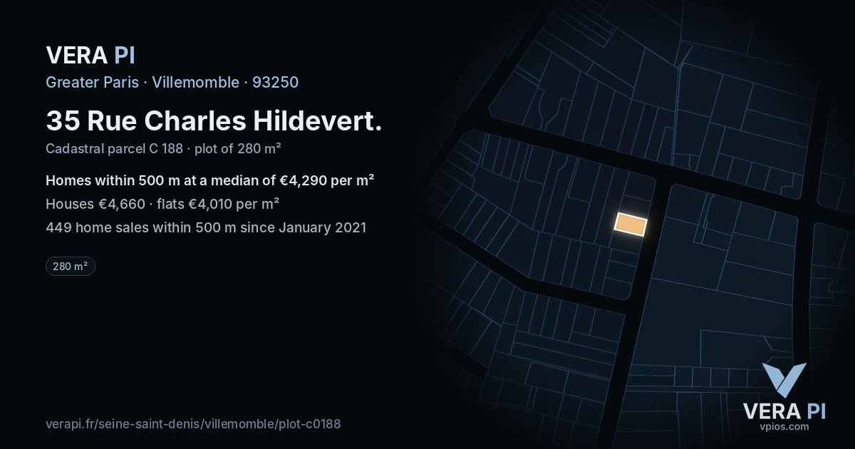 35 Rue Charles Hildevert, Villemomble at night – the plot lit, the parcels around coloured by the prices near them