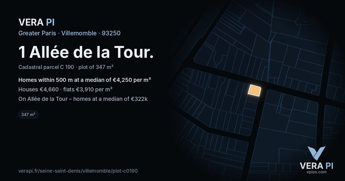 1 Allée de la Tour, Villemomble at night – the plot lit, the parcels around coloured by the prices near them