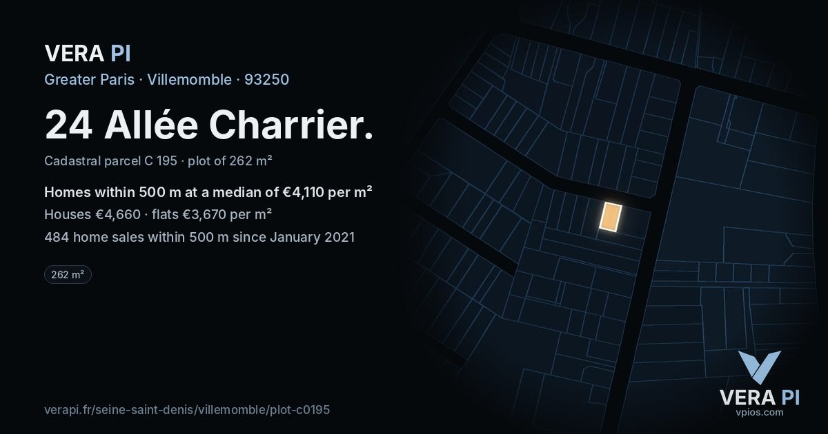 24 Allée Charrier, Villemomble at night – the plot lit, the parcels around coloured by the prices near them