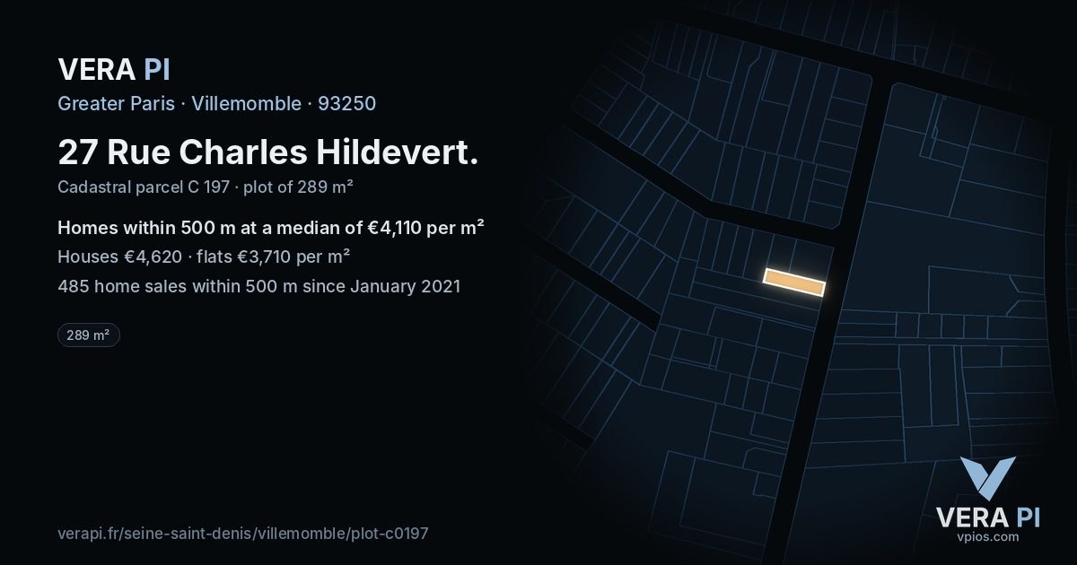 27 Rue Charles Hildevert, Villemomble at night – the plot lit, the parcels around coloured by the prices near them