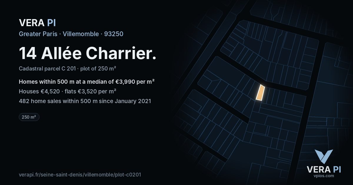 14 Allée Charrier, Villemomble at night – the plot lit, the parcels around coloured by the prices near them