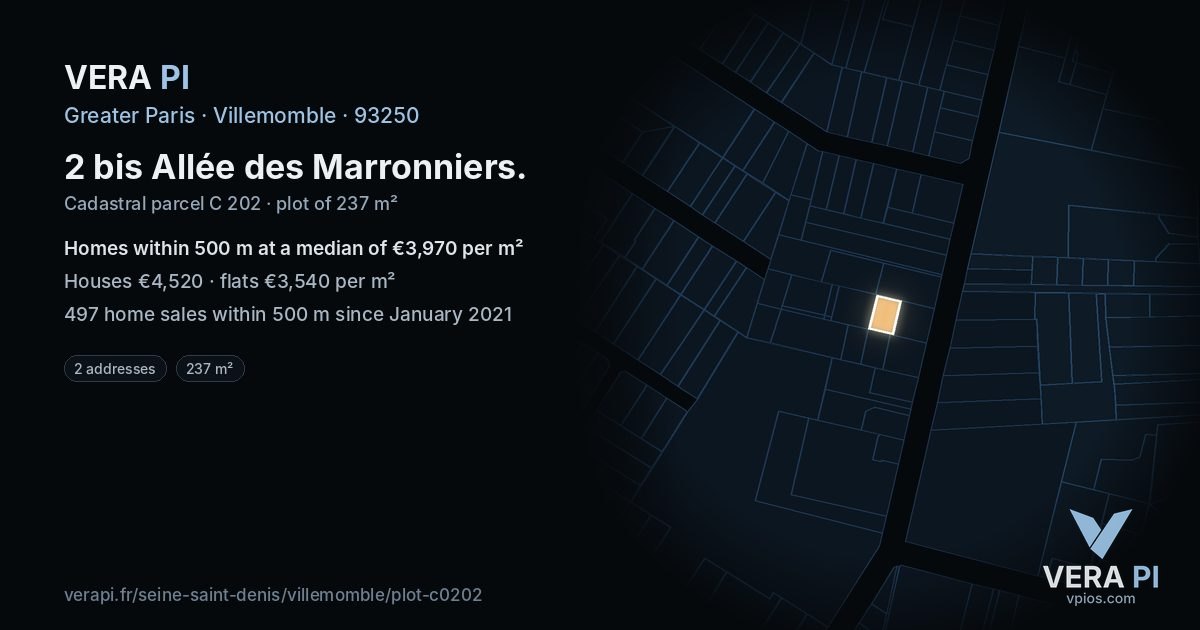 2 bis Allée des Marronniers, Villemomble at night – the plot lit, the parcels around coloured by the prices near them