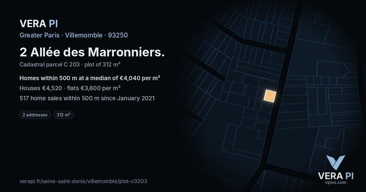 2 Allée des Marronniers, Villemomble at night – the plot lit, the parcels around coloured by the prices near them