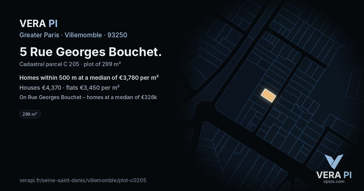 5 Rue Georges Bouchet, Villemomble at night – the plot lit, the parcels around coloured by the prices near them