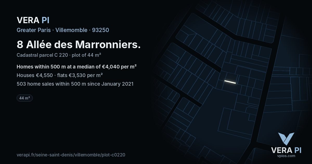 8 Allée des Marronniers, Villemomble at night – the plot lit, the parcels around coloured by the prices near them