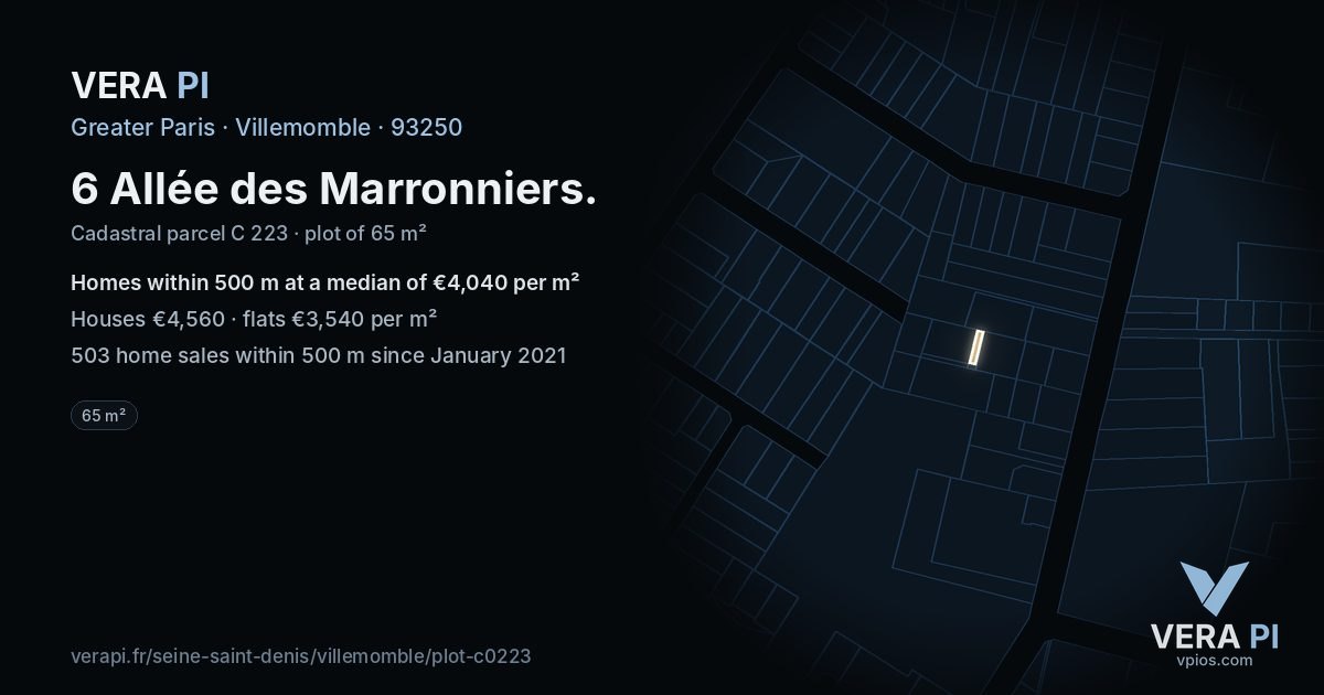 6 Allée des Marronniers, Villemomble at night – the plot lit, the parcels around coloured by the prices near them