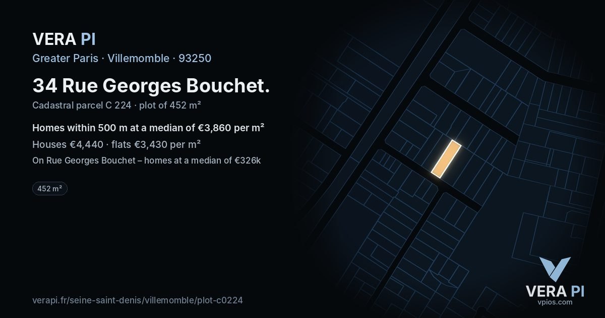 34 Rue Georges Bouchet, Villemomble at night – the plot lit, the parcels around coloured by the prices near them