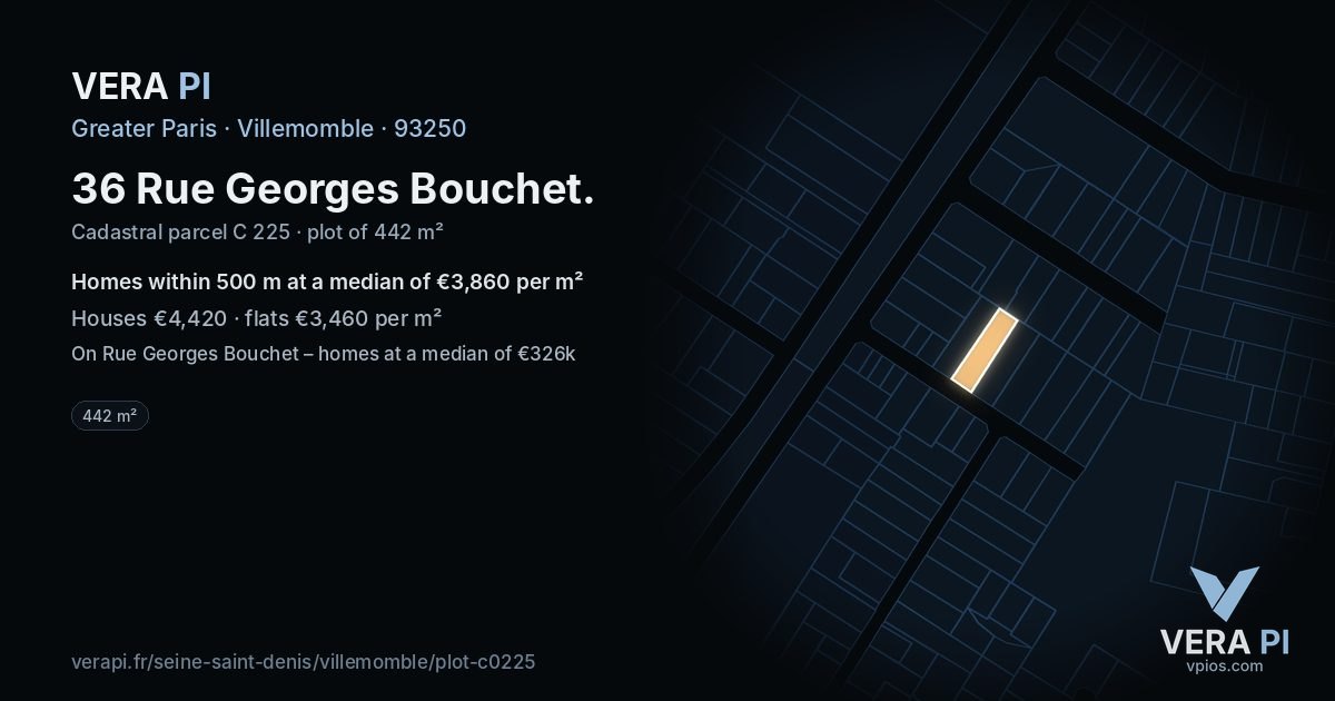 36 Rue Georges Bouchet, Villemomble at night – the plot lit, the parcels around coloured by the prices near them