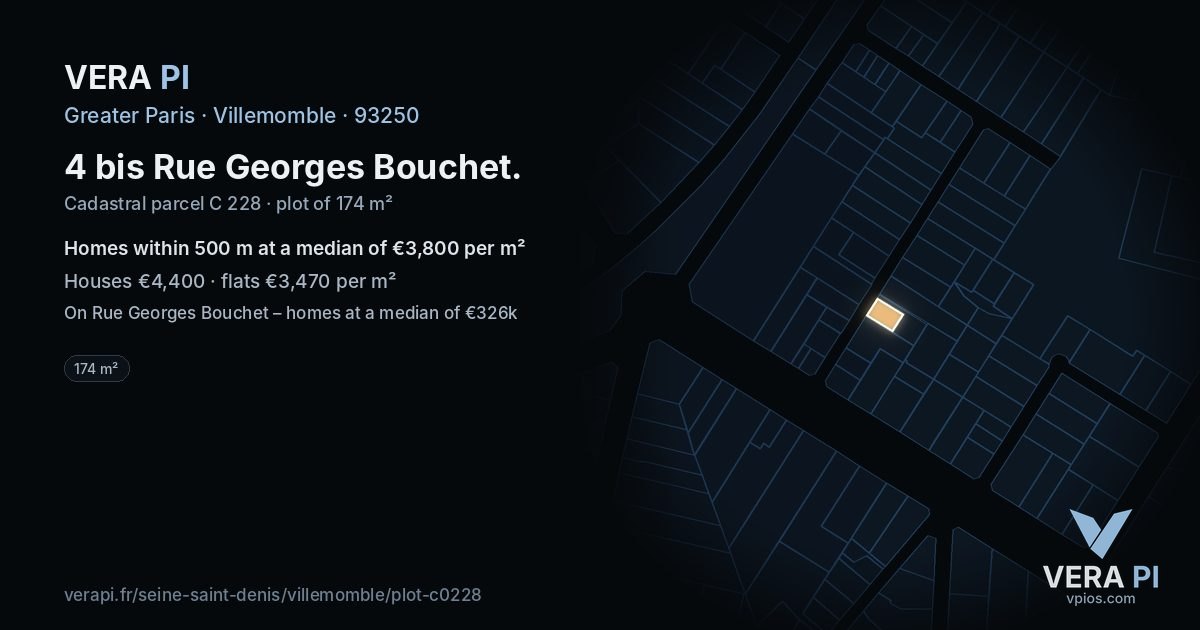 4 bis Rue Georges Bouchet, Villemomble at night – the plot lit, the parcels around coloured by the prices near them
