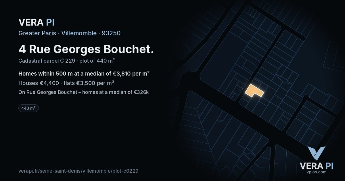 4 Rue Georges Bouchet, Villemomble at night – the plot lit, the parcels around coloured by the prices near them