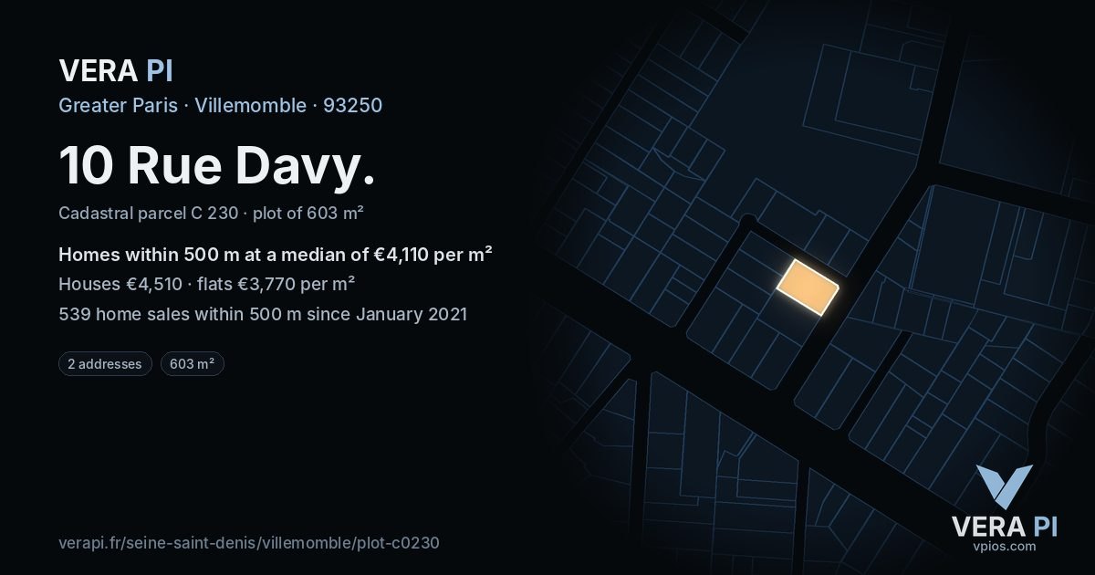 10 Rue Davy, Villemomble at night – the plot lit, the parcels around coloured by the prices near them