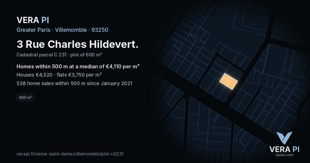 3 Rue Charles Hildevert, Villemomble at night – the plot lit, the parcels around coloured by the prices near them