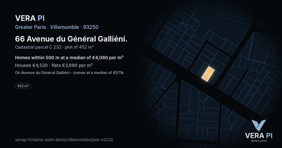 66 Avenue du Général Galliéni, Villemomble at night – the plot lit, the parcels around coloured by the prices near them