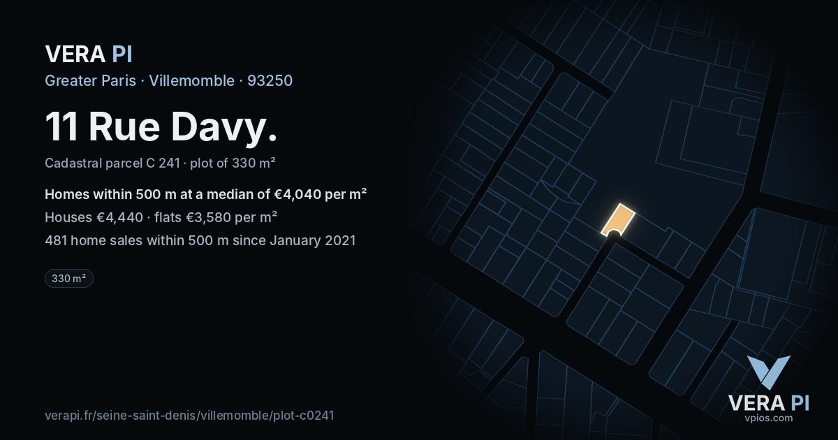 11 Rue Davy, Villemomble at night – the plot lit, the parcels around coloured by the prices near them