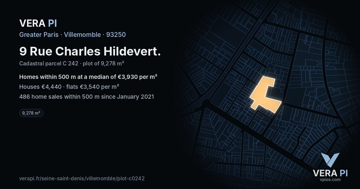 9 Rue Charles Hildevert, Villemomble at night – the plot lit, the parcels around coloured by the prices near them