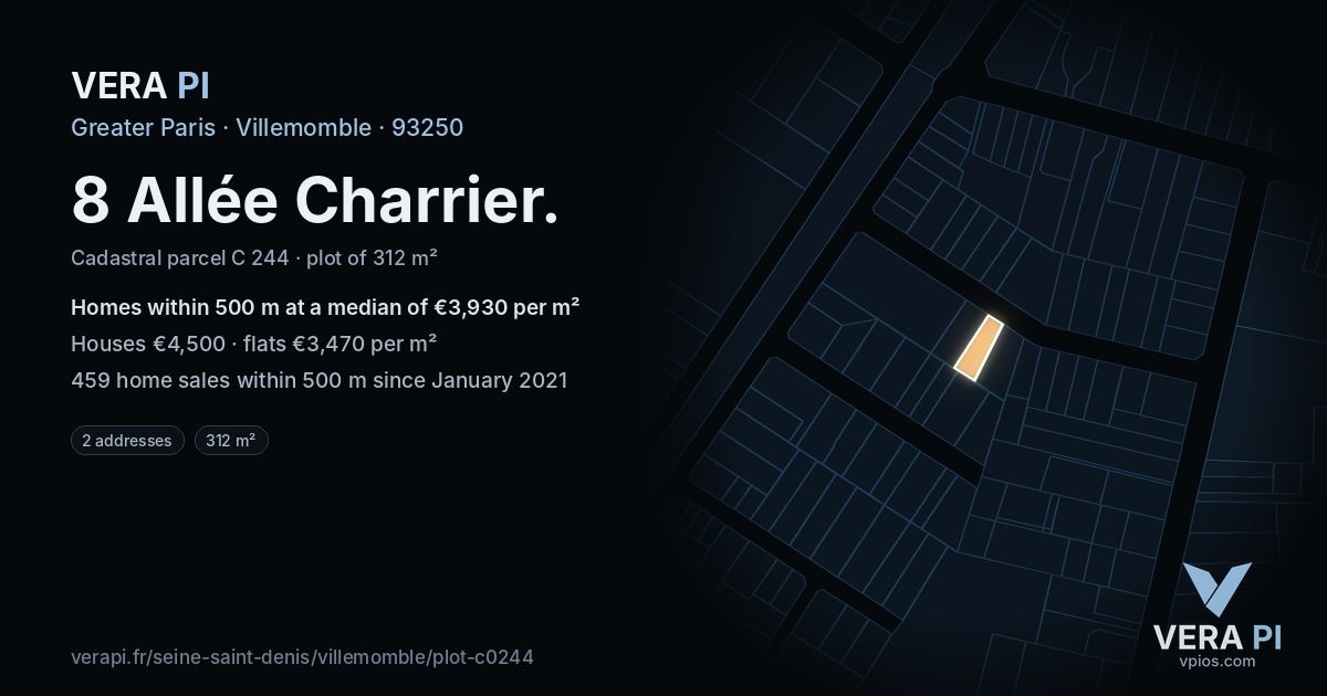8 Allée Charrier, Villemomble at night – the plot lit, the parcels around coloured by the prices near them