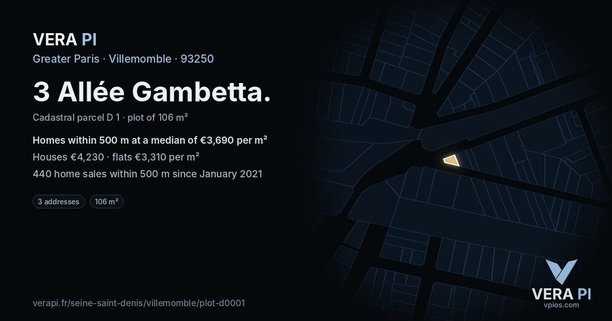 3 Allée Gambetta, Villemomble at night – the plot lit, the parcels around coloured by the prices near them