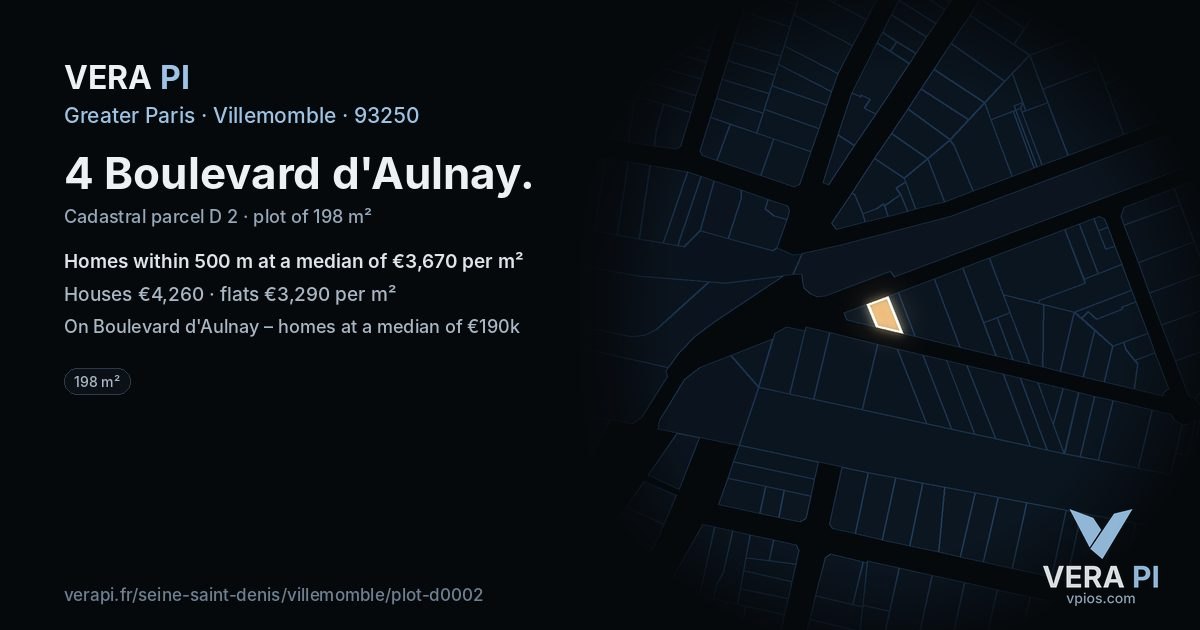 4 Boulevard d'Aulnay, Villemomble at night – the plot lit, the parcels around coloured by the prices near them