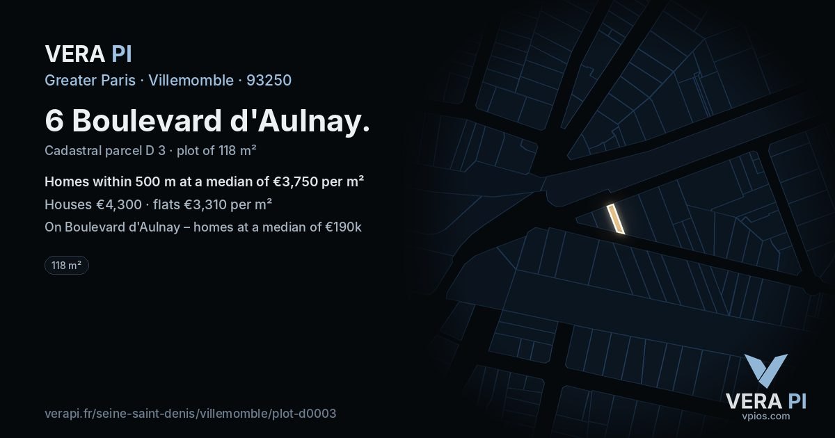 6 Boulevard d'Aulnay, Villemomble at night – the plot lit, the parcels around coloured by the prices near them