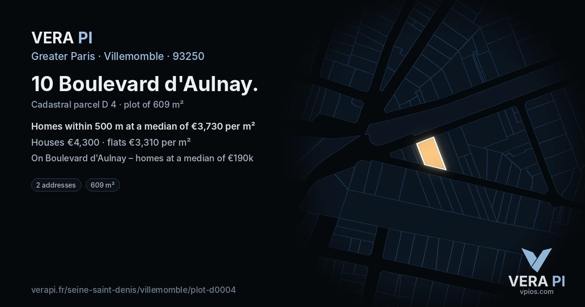 10 Boulevard d'Aulnay, Villemomble at night – the plot lit, the parcels around coloured by the prices near them
