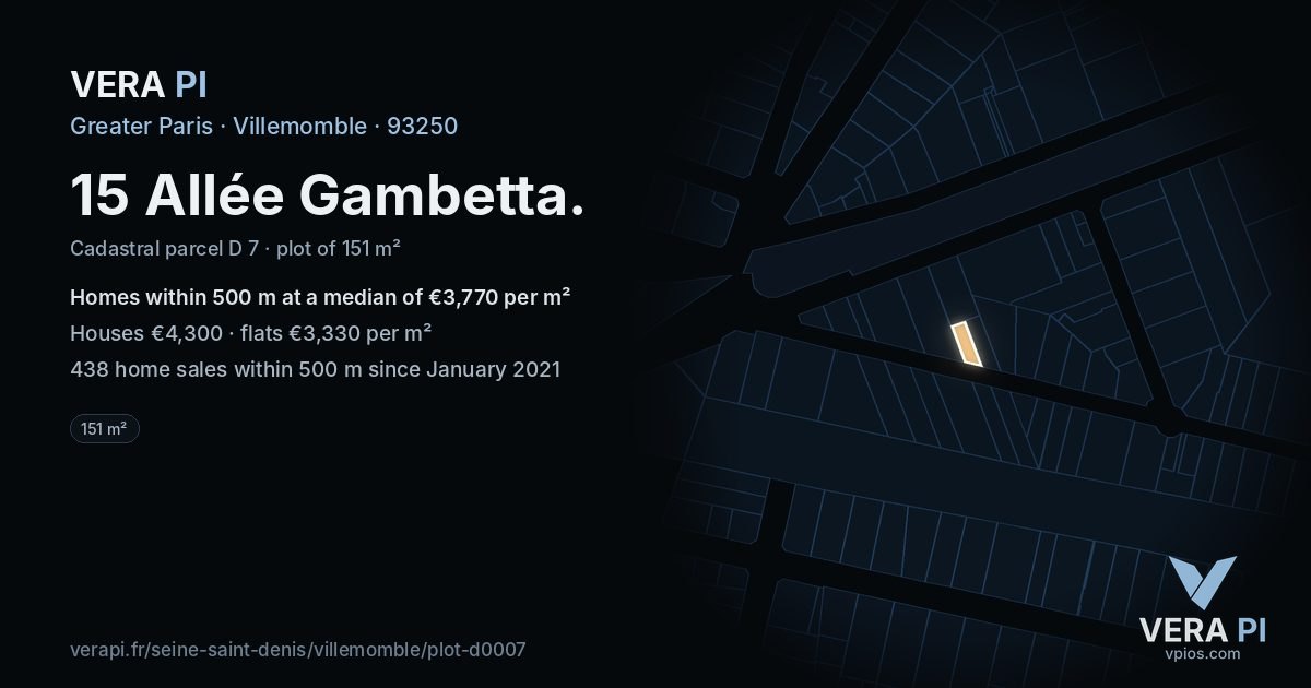 15 Allée Gambetta, Villemomble at night – the plot lit, the parcels around coloured by the prices near them