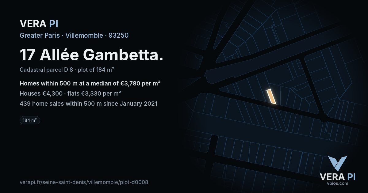 17 Allée Gambetta, Villemomble at night – the plot lit, the parcels around coloured by the prices near them