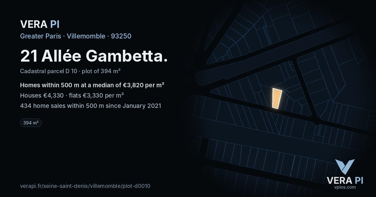21 Allée Gambetta, Villemomble at night – the plot lit, the parcels around coloured by the prices near them