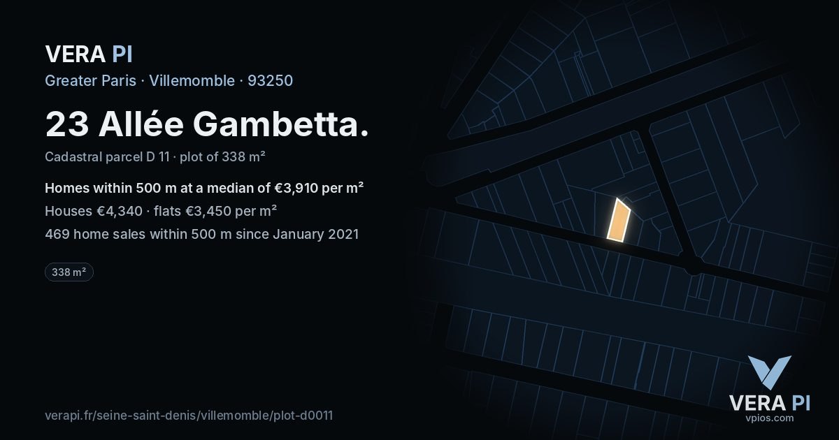 23 Allée Gambetta, Villemomble at night – the plot lit, the parcels around coloured by the prices near them
