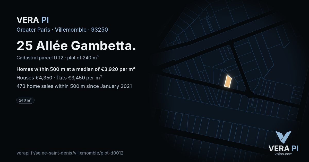 25 Allée Gambetta, Villemomble at night – the plot lit, the parcels around coloured by the prices near them