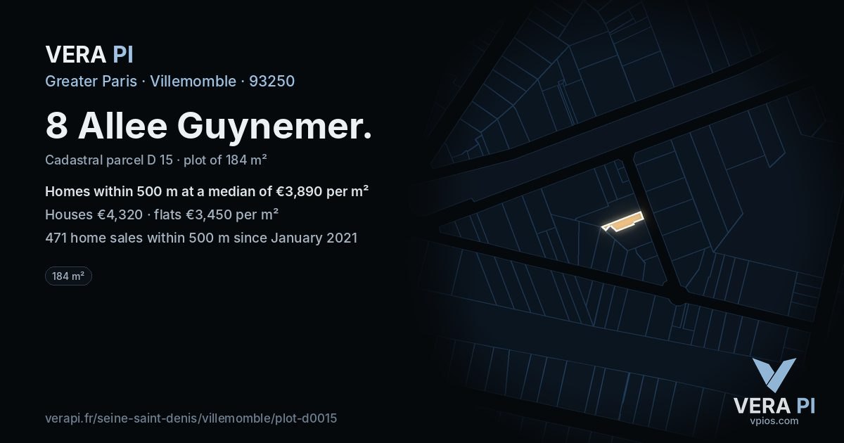 8 Allee Guynemer, Villemomble at night – the plot lit, the parcels around coloured by the prices near them