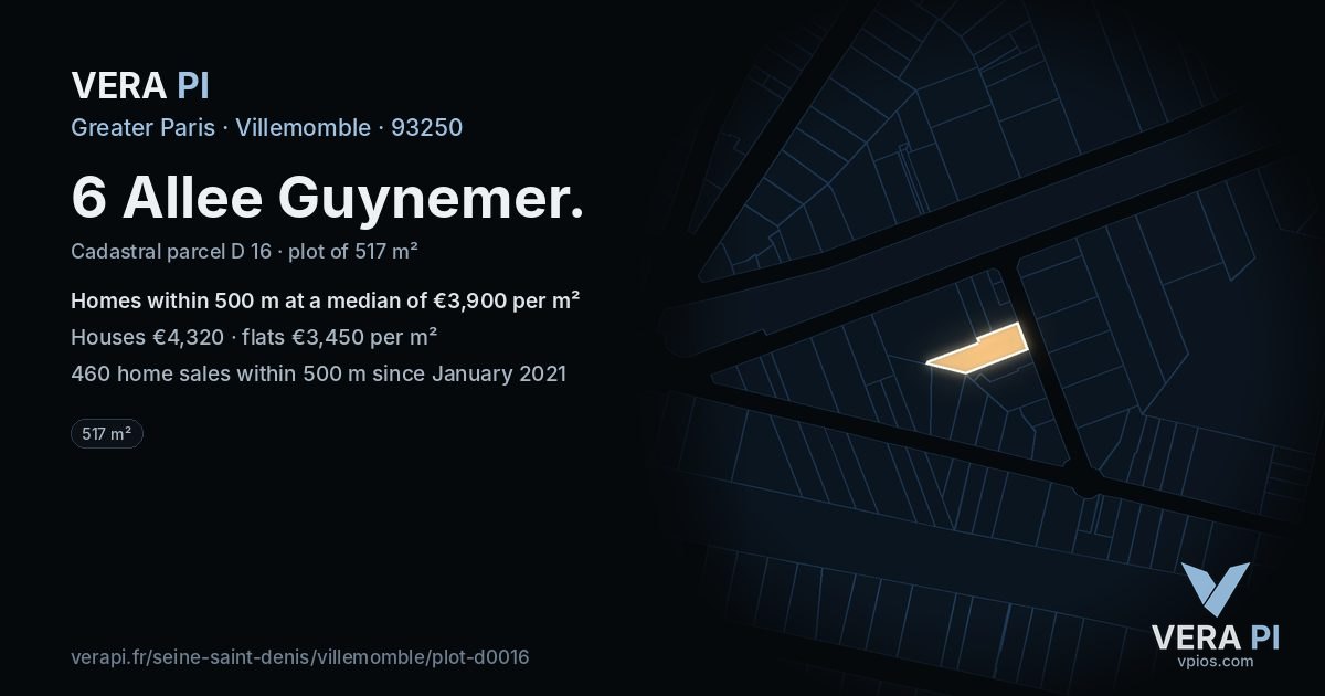 6 Allee Guynemer, Villemomble at night – the plot lit, the parcels around coloured by the prices near them