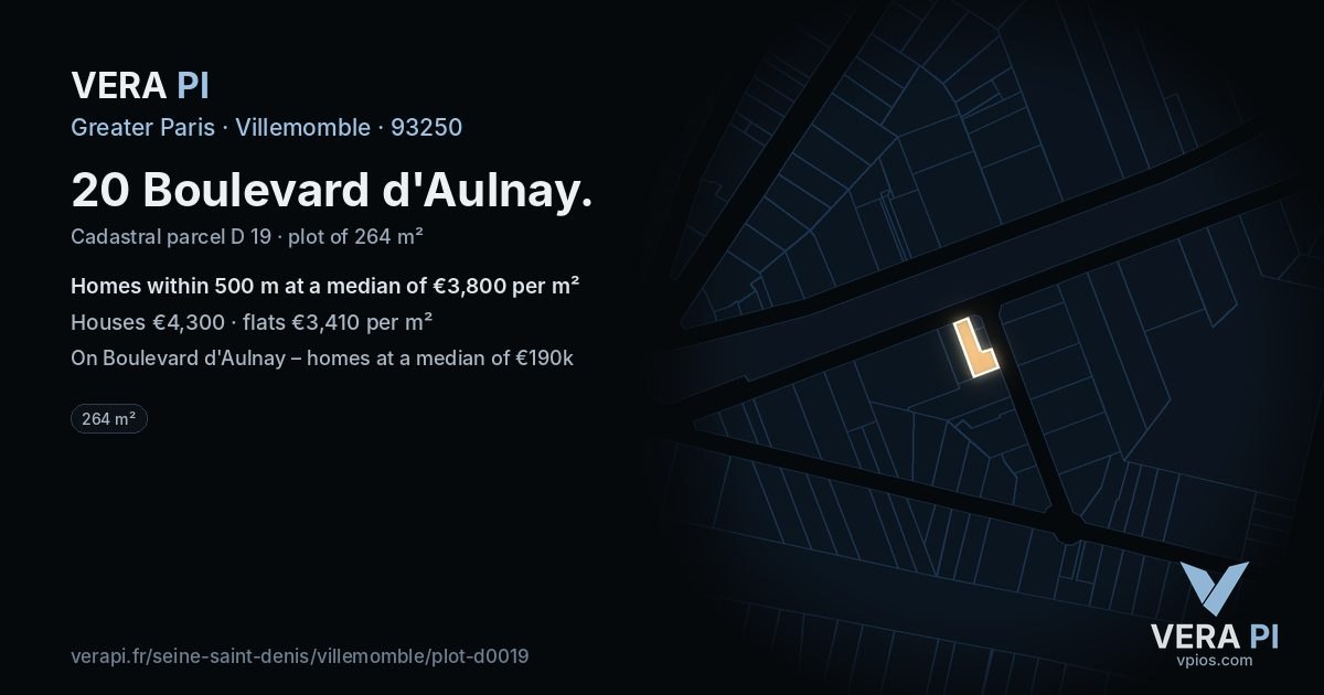 20 Boulevard d'Aulnay, Villemomble at night – the plot lit, the parcels around coloured by the prices near them