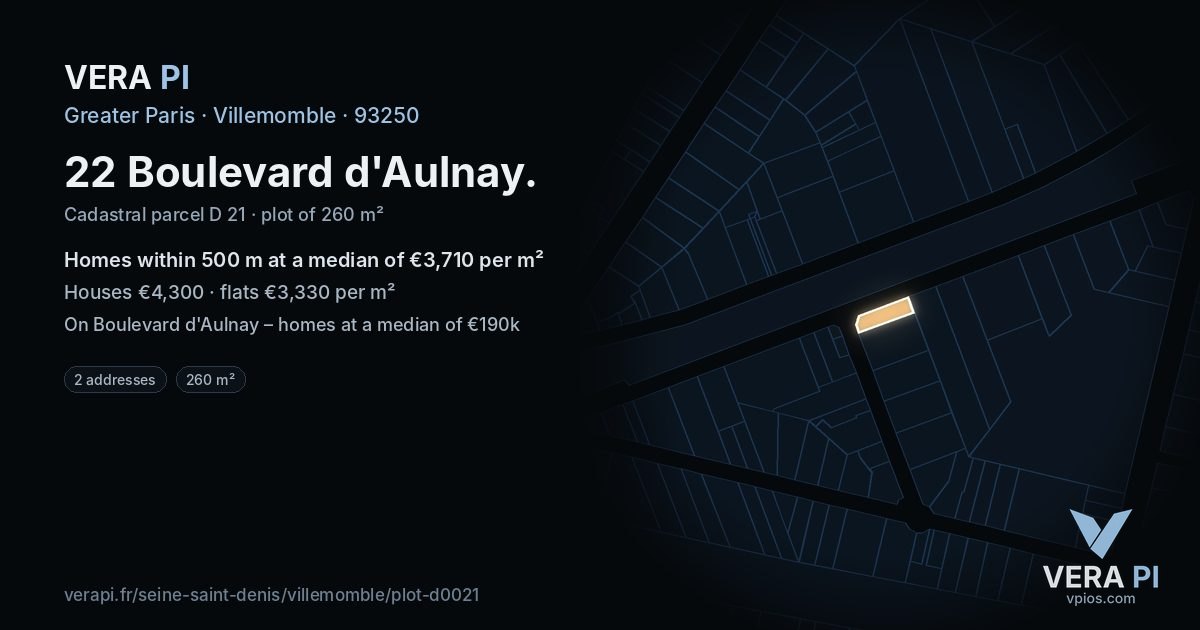 22 Boulevard d'Aulnay, Villemomble at night – the plot lit, the parcels around coloured by the prices near them