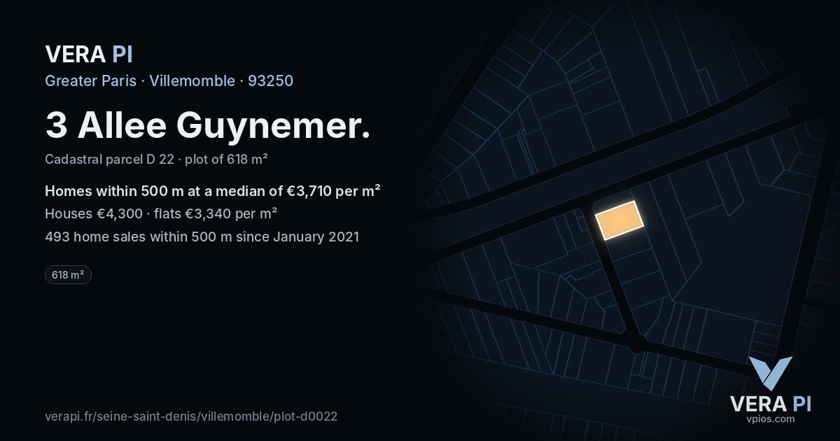 3 Allee Guynemer, Villemomble at night – the plot lit, the parcels around coloured by the prices near them