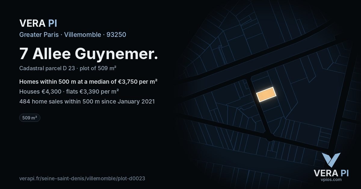 7 Allee Guynemer, Villemomble at night – the plot lit, the parcels around coloured by the prices near them