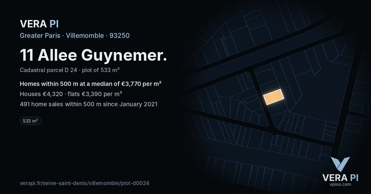 11 Allee Guynemer, Villemomble at night – the plot lit, the parcels around coloured by the prices near them
