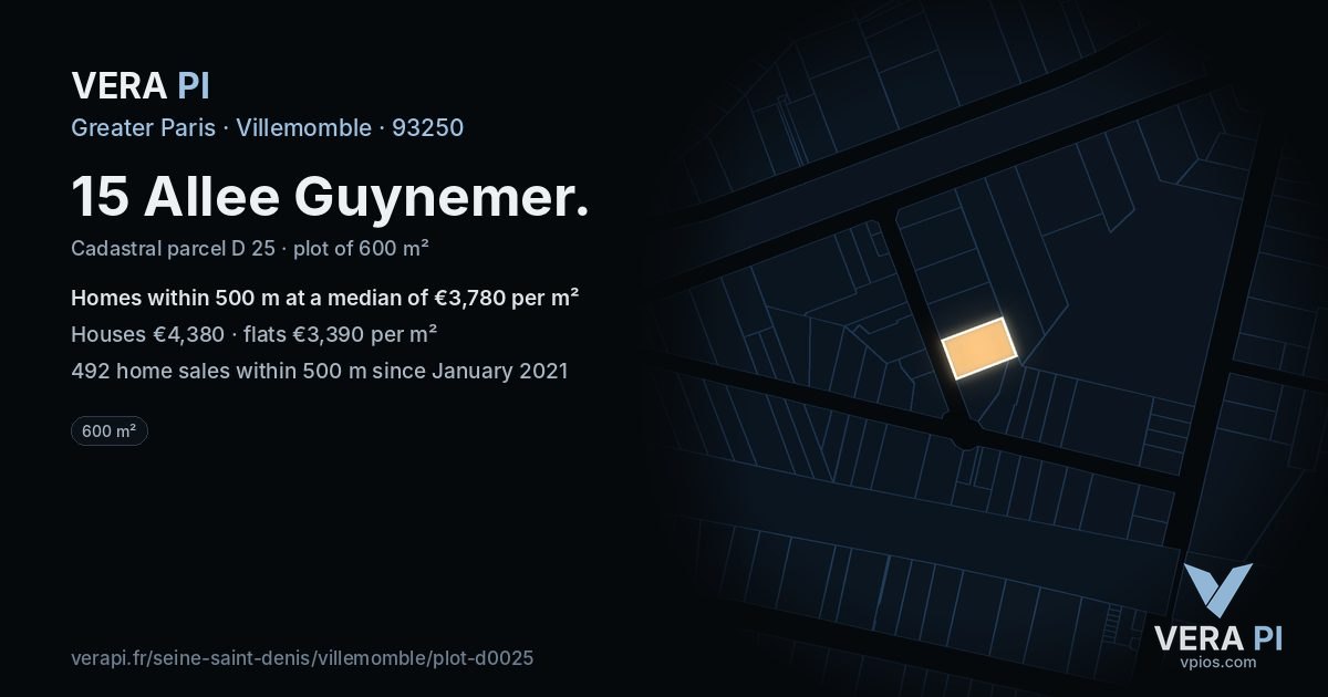 15 Allee Guynemer, Villemomble at night – the plot lit, the parcels around coloured by the prices near them