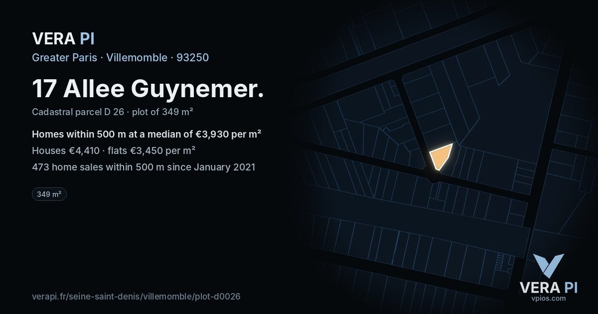 17 Allee Guynemer, Villemomble at night – the plot lit, the parcels around coloured by the prices near them