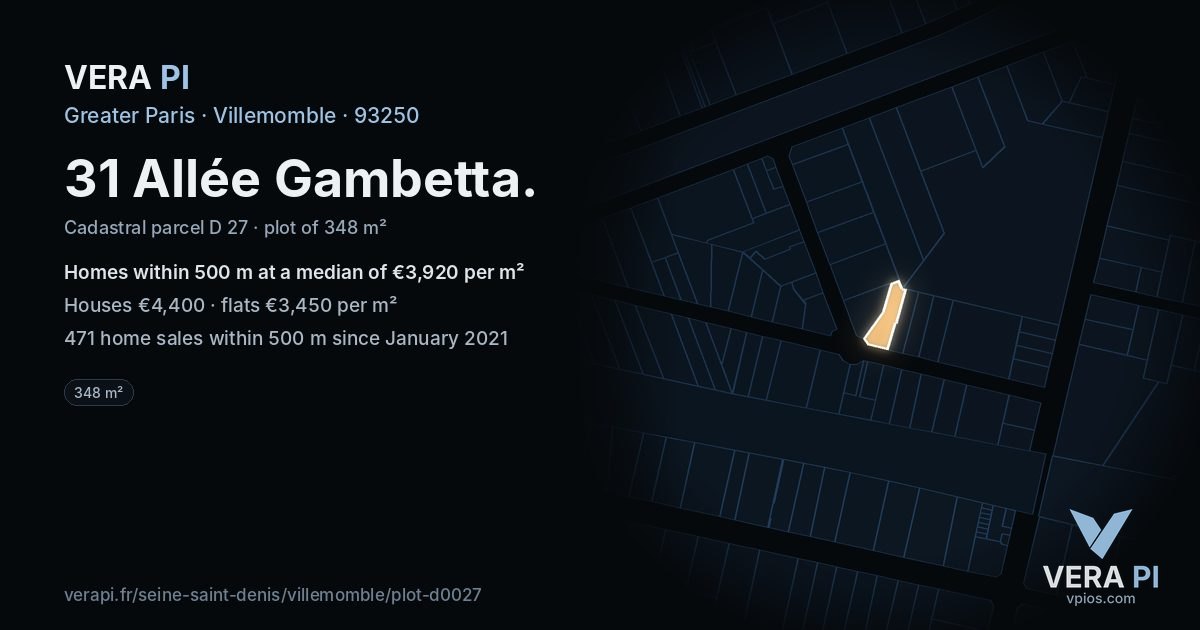 31 Allée Gambetta, Villemomble at night – the plot lit, the parcels around coloured by the prices near them