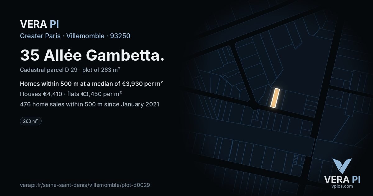 35 Allée Gambetta, Villemomble at night – the plot lit, the parcels around coloured by the prices near them