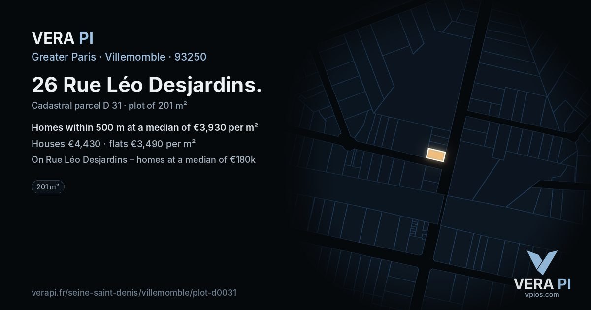 26 Rue Léo Desjardins, Villemomble at night – the plot lit, the parcels around coloured by the prices near them