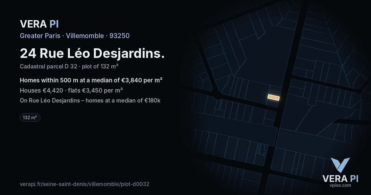 24 Rue Léo Desjardins, Villemomble at night – the plot lit, the parcels around coloured by the prices near them