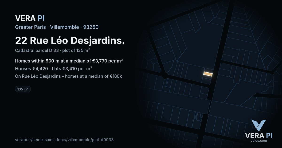 22 Rue Léo Desjardins, Villemomble at night – the plot lit, the parcels around coloured by the prices near them