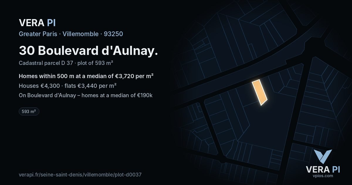 30 Boulevard d'Aulnay, Villemomble at night – the plot lit, the parcels around coloured by the prices near them