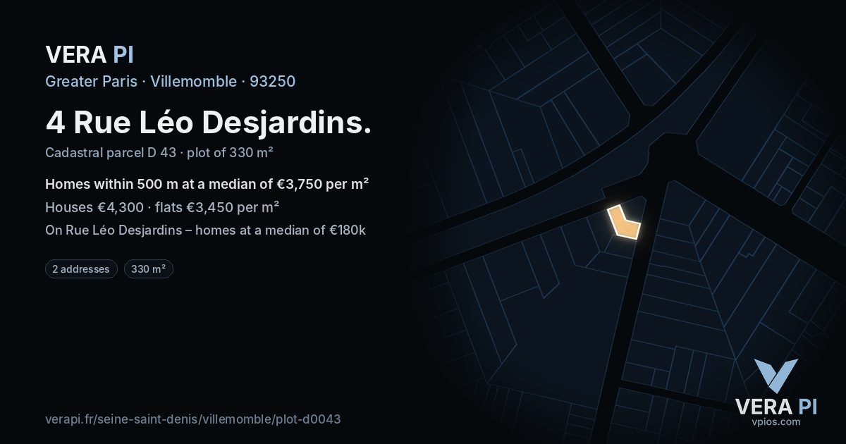 4 Rue Léo Desjardins, Villemomble at night – the plot lit, the parcels around coloured by the prices near them