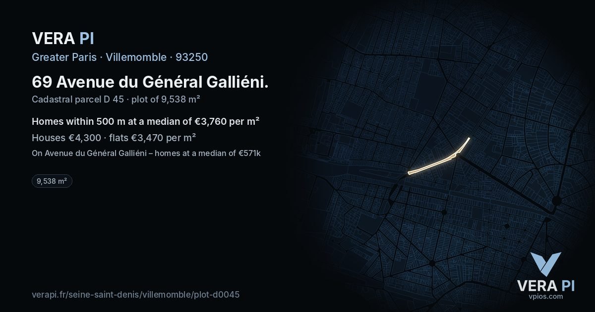 69 Avenue du Général Galliéni, Villemomble at night – the plot lit, the parcels around coloured by the prices near them