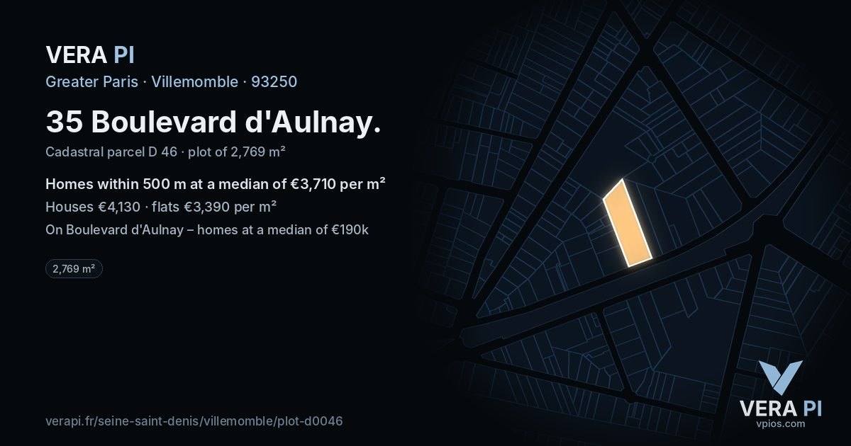 35 Boulevard d'Aulnay, Villemomble at night – the plot lit, the parcels around coloured by the prices near them